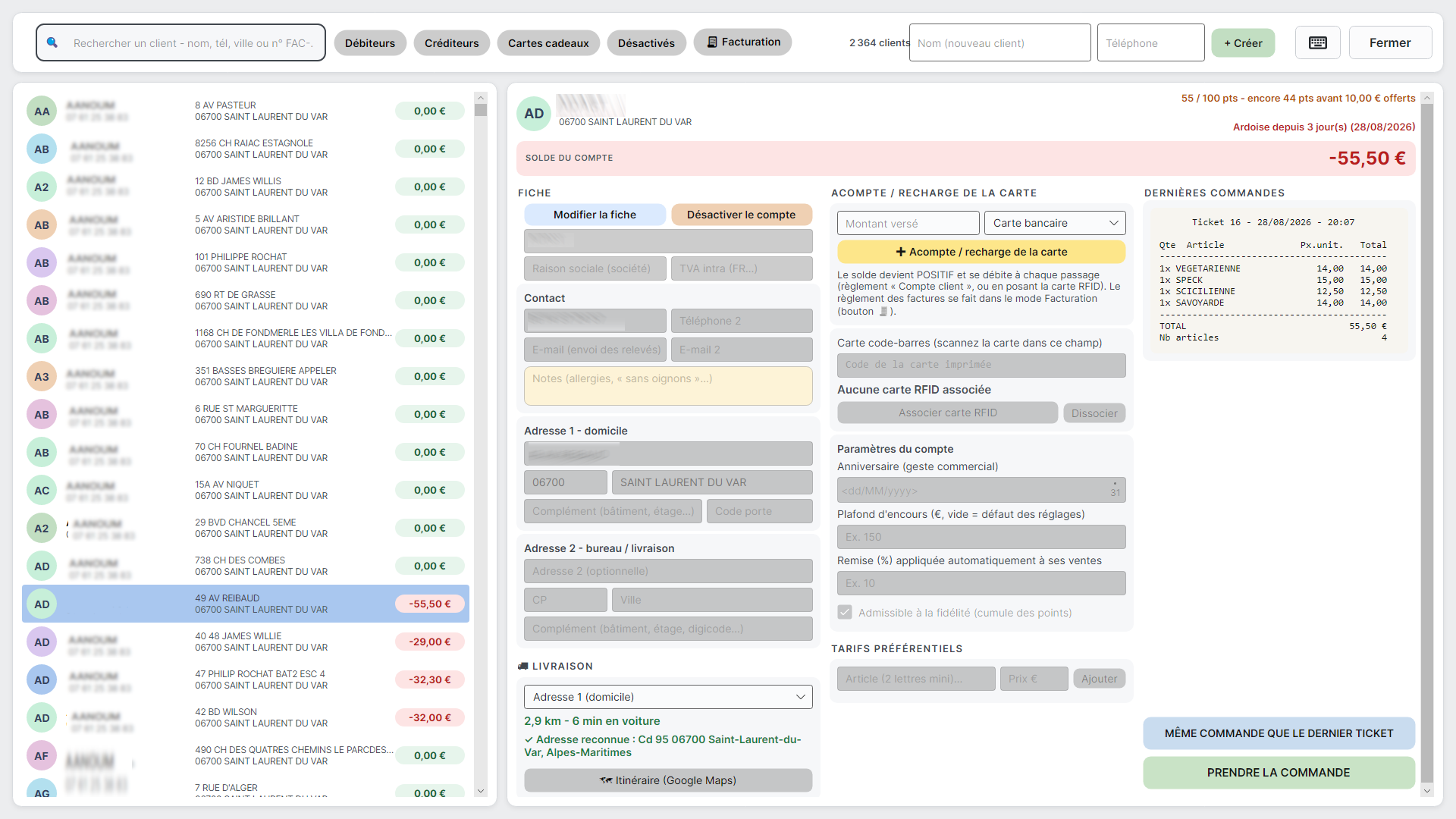 Fiche d'un compte client : solde, relevé, factures